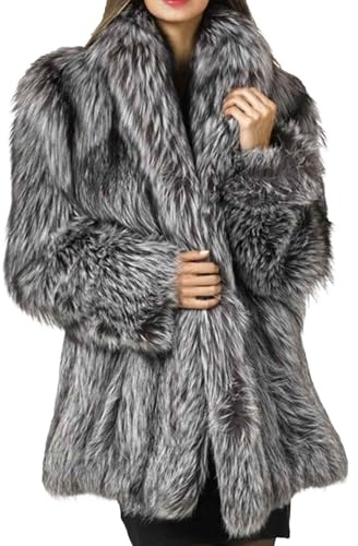 Women's Faux Fur Coat Fluffy Open Front Lapel Fuzzy Fleece Cardigan with Pockets Winter Warm Thicken Outwear Jackets