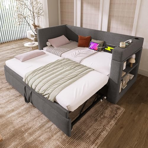 Merax Polsterbett Schlafsofa 90x200cm, Sofabett Einzelbett mit Ausziehbett, Tagesbett für Schlafzimmer Wohnzimmer, Armlehnen mit Ladefunktion & Getränkehalter, Leinen-Mischgewebe, ohne Matratze, Grau