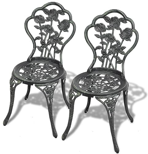 Juego de 2 sillas de jardín plegables estilo bistró de Sibelli en aluminio fundido duradero verde con adornos elegantes, perfectas para comedor al aire libre y decoración de patio