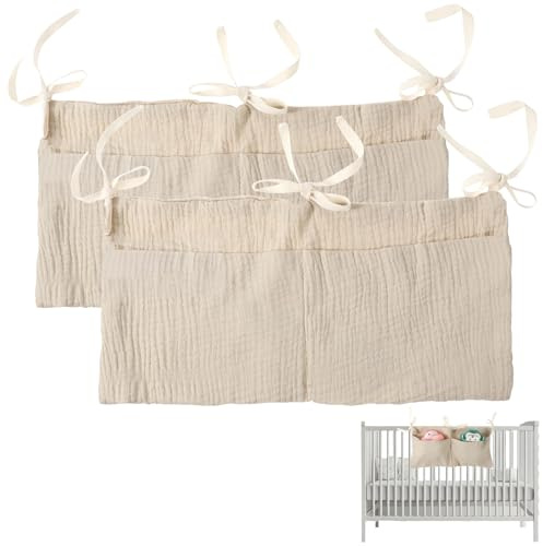 poraceous 2 Pièces Sac de Rangement Suspendu, Sac Rangement pour Lit Bébé Matière en Pur Coton, Organisation de Chambre 2 Poches, Organiseur Couches Berceau Multifonctionnel, pour Chambre D'enfant