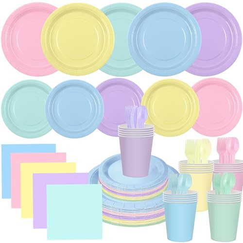 EUVBOKW 200 Pcs Pastel Party Supplies Disposable Dinnerware Set,Includes Paper Plates Cups Napkins Plastic Forks Knives Spoons for Spring Easter Wedding Birthday Party Decorations Serves 25 Guests