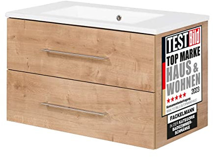 FACKELMANN B.PERFEKT Badmöbel 2-teilig, Braun Hell, AST-Eiche Design, 82 cm Breite – Modernes Set mit Keramik-Waschtisch und Waschtischunterschrank, Made in Germany