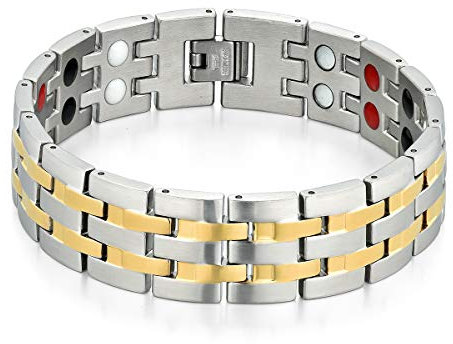 JewelryWe Schmuck Magnetarmband Herren Magnet Therapie Edelstahl Groß Schwer Breit Glieder Link Armband Gesundheit Armkette Armreif für Männer Gold Silber