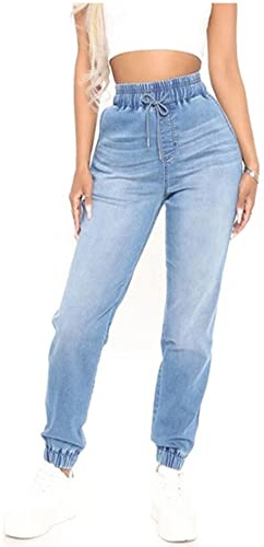 CME SHOWU Pantalones de Mezclilla de Cintura Alta para Mujer, Pantalones de Mezclilla Holgados elásticos con cordón de Cintura elástica, Azul/Patchwork, X-Large
