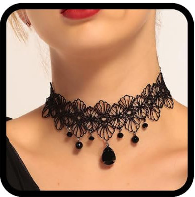Handcess Schwarze Spitze Choker Halskette Kristall Anhänger Halsketten Gothic hohl Blume Choker Schmuck Zubehör für Frauen und Mädchen