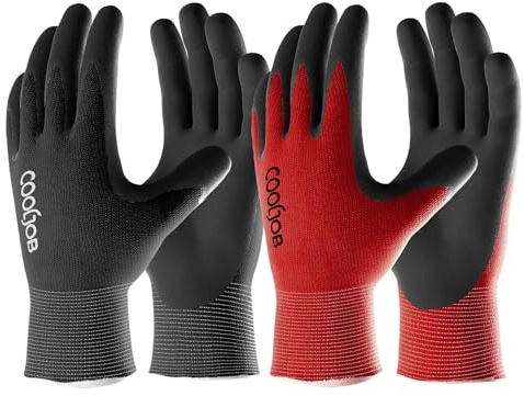 COOLJOB Work Gloves, 2 Pairs Gardening Gloves for Men, Breathable Rubber Coated Work, Working Large Size Fits Most, Black & Red (L)
