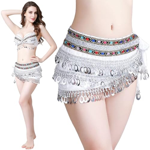 Leemiman Sciarpa per danza del ventre, 2 colori, per danza del ventre, fascia per danza del ventre, cintura in vita con nappa a moneta, bianco, L