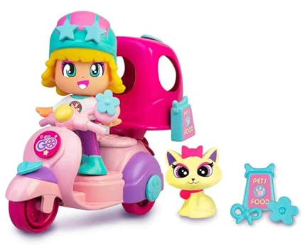 Pinypon – Let's Go! Motorcykel och husdjur, rosa, med en husdjursbärare, en liten leksaks-katt och en mini-Pop&Swap-dockfigur, för barn i åldern 3 år och uppåt, Famosa (PNY37200)
