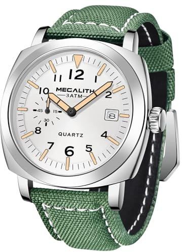 MEGALITH Montre Homme Imperméable Cuir Nylon pour Travail Terrain Date Militaires Mouvement Quartz Analogique Bracelet de Sport Boîte Montre Inclus Blanc
