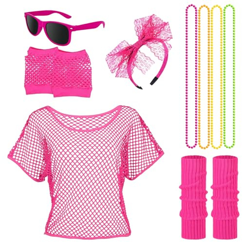 80-tals outfit dam, 90-tals outfit dam, 80-tals tillbehör med nätskjorta, benvärmare, näthandskar, näthandskar, pannband och neonglasögon, retro neonrosa karneval party karneval