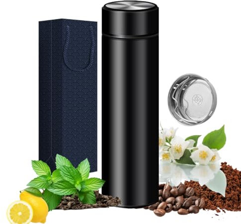 Bouteilles isothermes – Gobelet sous vide pour café, thé et boissons avec infuseur en acier inoxydable – Bouteille de voyage pour thé, café – Bouteille de voyage pour eau chaude et froide (Noir)
