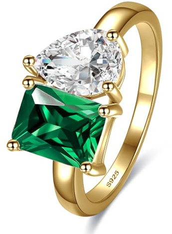Yaresul Toi Et Moi Ring 925 Sterling Silver Women Emerald Engagement Ring 14K Gold Plated 1.5ct 6x8mm Double Stone Emerald & Pear Cut CZ Wedding Eternity Ring Width Band 2mm Size 9