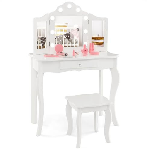 COSTWAY 2 in 1 Kinder Schminktisch mit Beleuchtung, Frisiertisch mit LED-Leuchten, klappbarem Spiegel & Schubladen, Kosmetiktisch Prinzessin für Kinder Mädchen(Weiß)