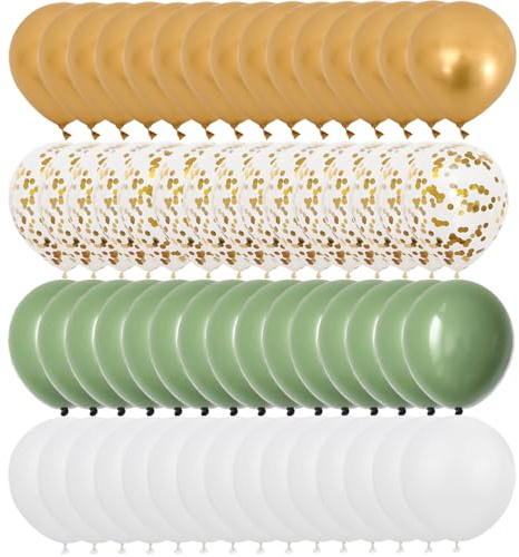 Metallic Gold, Sage Green, and White Balloons - 60 Pcs 12 Inch Confetti Balloons for Party