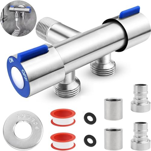 cersaty® 1 válvula angular de 1/2 pulgadas, válvula de dispositivo doble con 2 conexiones de grifo, 2 accesorios de manguera y cinta adhesiva para baño, inodoro, lavabo