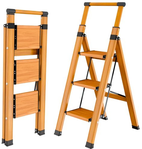 KULACO Escalera De Escalera Plegable de 3 Escalones Antideslizante, Escalera Multifuncional, Vetas De Madera, Escalera Plegable De Aluminio, Escalera Doméstica con Pedal Ancho, hasta 150 Kg
