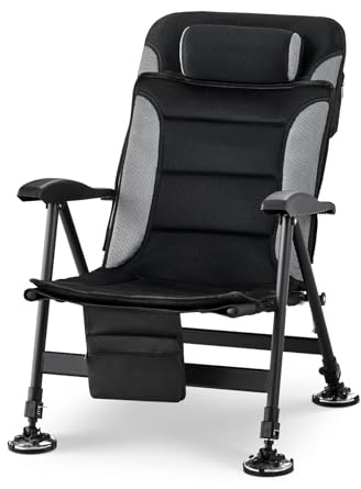 TUKAILAi Camping Chair Folding Fishing Chair Up to 150KG, Camping Chairs for Adults with Arms, Removable Cushion, Adjustable Backrest with Fixed Headrest, Portable Beach Fishing Outdoor Picnic
