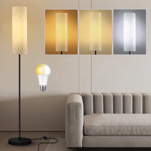 Hzitcigm Stehlampe Wohnzimmer, LED Stehleuchte mit 3 Farbtemperaturen 12W E27 Standleuchte Modern Leselampe mit Leinen Lampenschirm und Fußschalter Retro LED Stehlampe für Schlafzimmer, 175cm