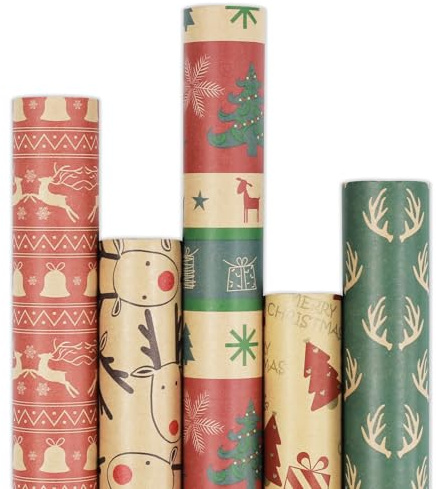 Flow fire 3m x 43cm Christmas Wrapping Paper Roll, 5 Rolls Recyclable Kraft Paper for Xmas Gift Boxes Decoration (5 Festive Patterns)