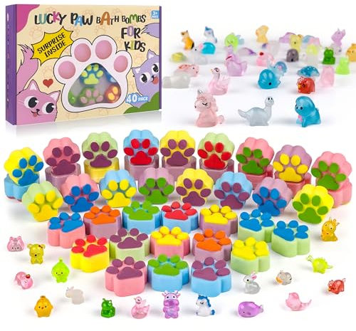 40 Stück Badebomben für Kinder mit Überraschung im Inneren, Large Number Kids Paw Shape Bath Bombs Gift Set, Natural Organic Kids Bubble Bath Fizzy for Girls Boys with Bath Toys Inside
