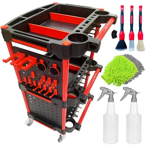 Werkstattwagen mit Rollen, 3-Stufiger Schwerlast Werkzeugwagen für Garage, Autoaufbereitung, Multifunktionale Rollwagen Bastelwagen für Werkzeuge, 200Kg Tragfähigkeit, Stahl+Aluminium+PP, 57x50x92cm