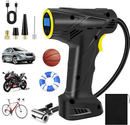 HUIYOPU Compresseur d'air sans fil, 150 psi, 12 V, portable, pompe de pneu de voiture 6000 mAh, arrêt automatique, pompe à pneu numérique avec lumière LED et 4 buses pour voiture, moto, vélo