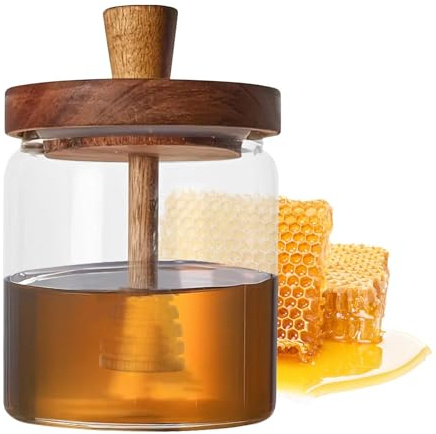 Duroecsain Honungsglas, honungsglas av glas, hållardispenser med träskydd | honungskrukor av glas, behållardispenser för förvaring av honung och sirap för, 500 ml