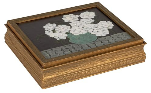 Creative Co-op Boîte à bijoux en bois avec fleurs dans vase, miroir et compartiments, multicolore