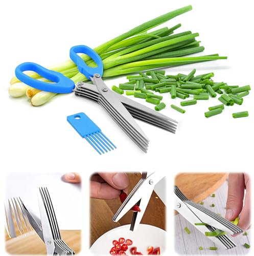 2PCS tijeras para hierbas,tijeras de cocina,5 hojas para picar albahaca,cebollino y perejil;tijeras de cocina,tijeras duraderas de acero inoxidable para cortar carne, pollo (Blue)