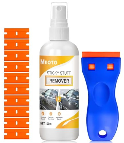 Miioto Quita Adhesivos, Quita Pegamento, Quita Pegatinas, Viene con Raspador y Esponja, Elimina Rápidamente Etiquetas, Adhesivos y Residuos de Adhesivo de Todas las Superficies Lisas 100ml