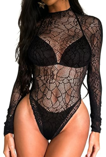 Buitifo Body da donna, un pezzo, babydoll in rete, top camicie, lingerie, corpi, rave, abiti(nero3,M)
