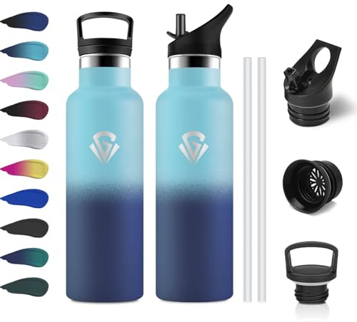 Gourde Inox Enfant 500ml, Gourde Acier Inoxydable, Bouteille Isotherme Double Paroi, Bouteille d'eau avec Paille, Étanche et Réutilisable, sans BPA, pour Adulte, l'école, Voyage, Randonnée, Sport