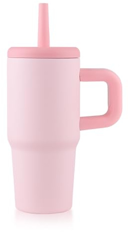 wedrink 14oz Stainless Steel Travel Mug with Handle & Silicone Straw, Double-Wall Insulated Coffee Cup for Home Office Camping, Leak-Proof Lid Included (Pink)