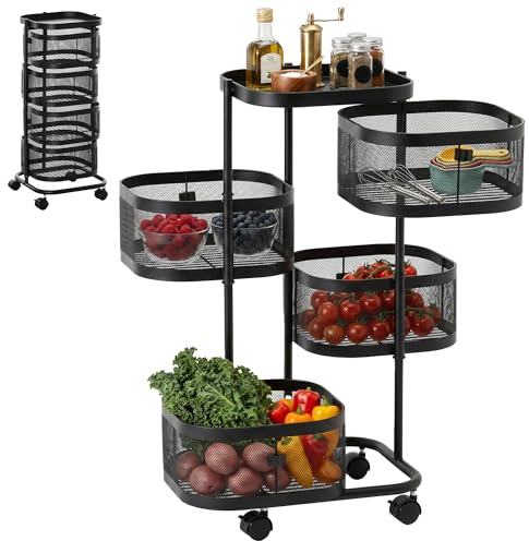 HOMCOM Resserre 4 paniers rotatifs sur Roues, Chariot de Rangement de Cuisine, Panier à légumes et Fruits avec Plateau supérieur, étagère en Fil d'acier, pour Cuisine, Salon et Chambre, Noir
