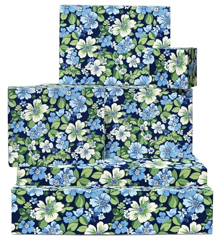 Papel de regalo floral azul – 6 hojas de papel de regalo elegante para mujeres, hombres, mamás amigos – Cumpleaños, Navidad, aniversario de boda, azul marino, verde, blanco, azul – Viene con etiquetas