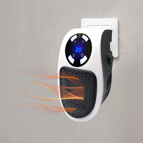 BullTek Stufetta Elettrica da Presa 500W a Risparmio Energetico, Termoventilatore Silenzioso con Termostato 15°-32°C, Timer 12h, Display LED, Doppia Velocità, Spegnimento Automatico