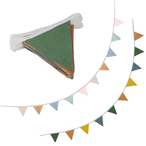 2Pcs Fabric Bunting Banner, 2.55m Double Sided Colorful Cotton Bunting, Triangle Garland Fabric Banner for Vintage Themed Wedding, Afternoon Tea, Party, and Bedroom Decoration