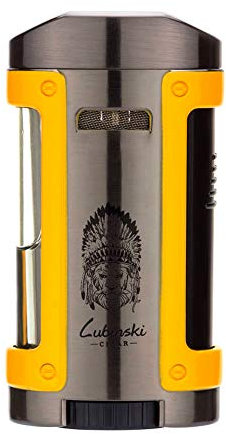 Accendisigari LUBINSKI + custodia in pelle antivento butano quadrupla torcia Jet Blue fiamma accendisigari per cucinare sigari BBQ Topsense (GIALLO)