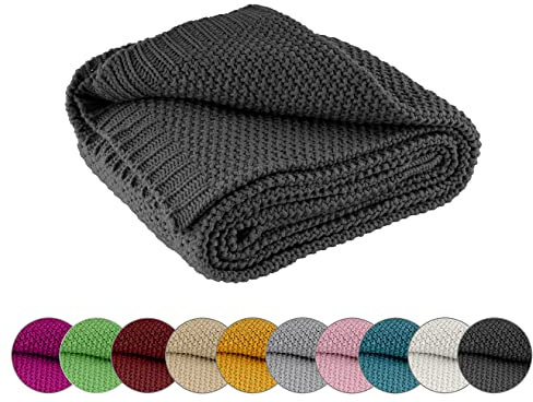 wometo Kuscheldecke Strick 140x190 dunkelgrau - Strickdecke oekoTex warme weiche Decke mit edlem und schlichten Strickmuster