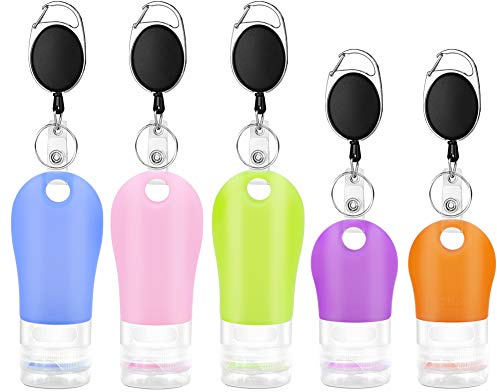 3 st 60 ml och 2 st 38 ml resetygien påfyllningsbara flaskor set med utdragbar karbinhake läckagefria flaskor handsprit behållare bärbara reseflaskor för flytande handtvål toalettartiklar