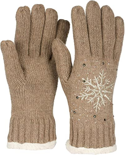 styleBREAKER Damen Handschuhe mit gestickter Schneeflocke, Strass und Fleece, warme Thermo Winter Strickhandschuhe 09010020, Farbe:Braun