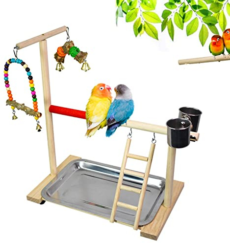 RoseFlower Parc de jeu en bois pour perroquets, cage à oiseaux, aire de jeu, gymnastique, perruche, échelle avec mangeoire et plateau, jouet d'exercice #1