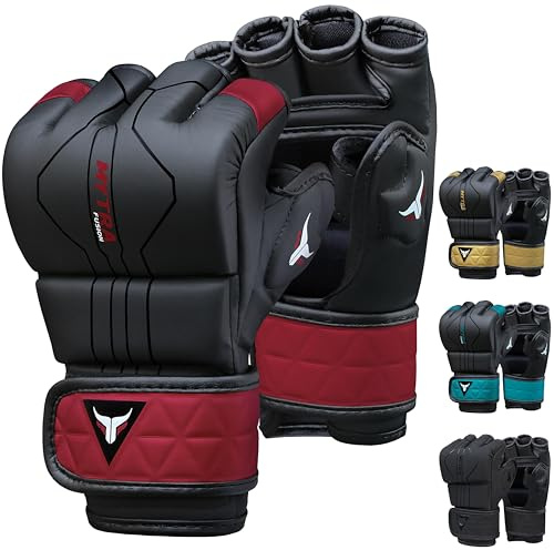 Mytra Fusion MMA-handskar med öppen ventilerad palm sparring handskar kickboxning, brottning, träning, burslåss blandade kampsportshandskar (Black/Maroon, XL)