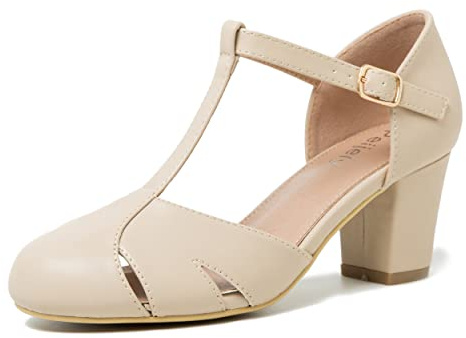 Peijely Womens T Strap Mary Jane Shoes Chunky Block Heel Cut Out Ankle Strap Buckle Dress Dance Pumps, Matte Nude, 5 UK