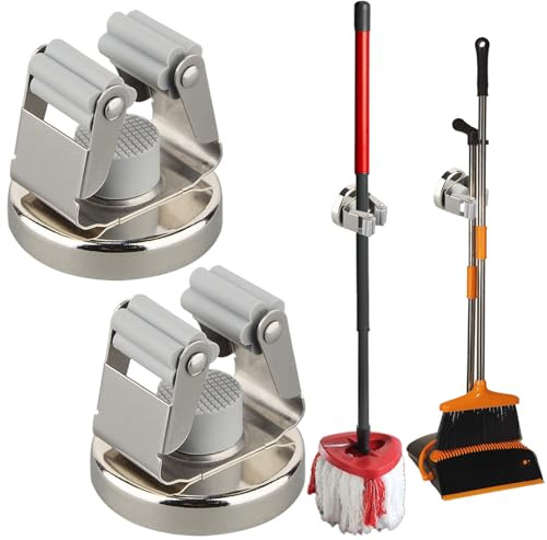 MUTUACTOR Magnetic Broom Holders,2pcs Anti-broken Heavy Duty Magnetic Clips Wall Mount,No Drilling 10lbs Magnetic Hooks Broom Mop Brackets for Work Cargo Garage Laundry Work Van Accessories