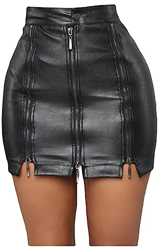 HEARTTOUCH Gonna sexy da donna a vita alta in pelle PU, gonne a matita slim in similpelle, minigonna elasticizzata, gonna in pelle bodycon, gonne Gogo Clubwear, A nero, L