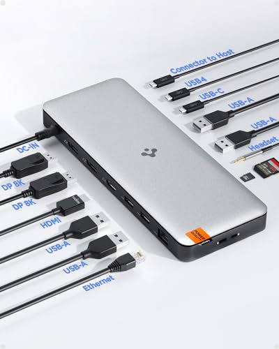 Spigen ArcDock Pro 14 in 1 Docking Station, Dreifach Dual Monitore Hub 8K 4K HDMI DP Thunderbolt 4 dock USB4 96W Micro/SD 4.0 Ethernet für MacBook Pro/Air/M1/M2 Windows[USB C Kabel, Adapter enthalten]