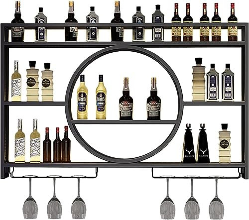 Modern Metal Wall Mounted Wine Display Rack, Hanging Industrial Round Wine Racks, Bar Unit Floating Shelves, Glass Rack Iron Display Stand for Home, Restaurant, Bars (Black,120x15x80cm/47x5.9x31in)
