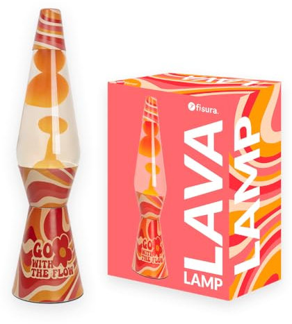 Fisura - Lámpara de lava “go with the flow”. Base multicolor, lava naranja. Lámpara de lava retro con bombilla de repuesto. 11,5 cm x 11,5 cm x 40 cm.