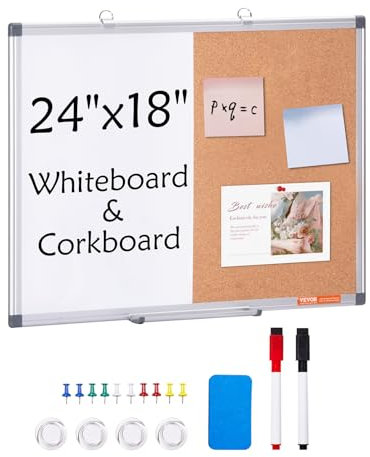 VEVOR 24x18 Whiteboard & Cork Board Combo with Aluminum Frame – 2-in-1 Magnetic Dry Erase Bulletin Board for Wall Mount – Ideal for School, Home, Office